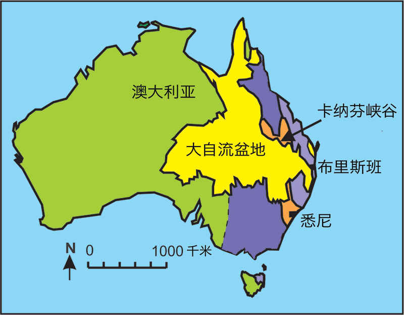 大自流盆地 (黄色) 和博文盆地 (橙色) 