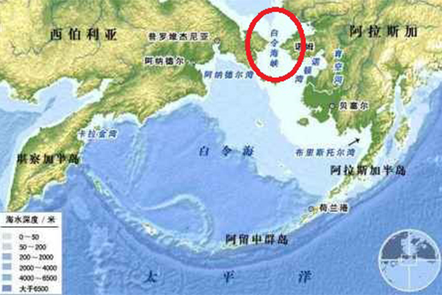 海洋地形图显示，白令海峡的海床很浅，海平面一旦降低，海床便会露出。